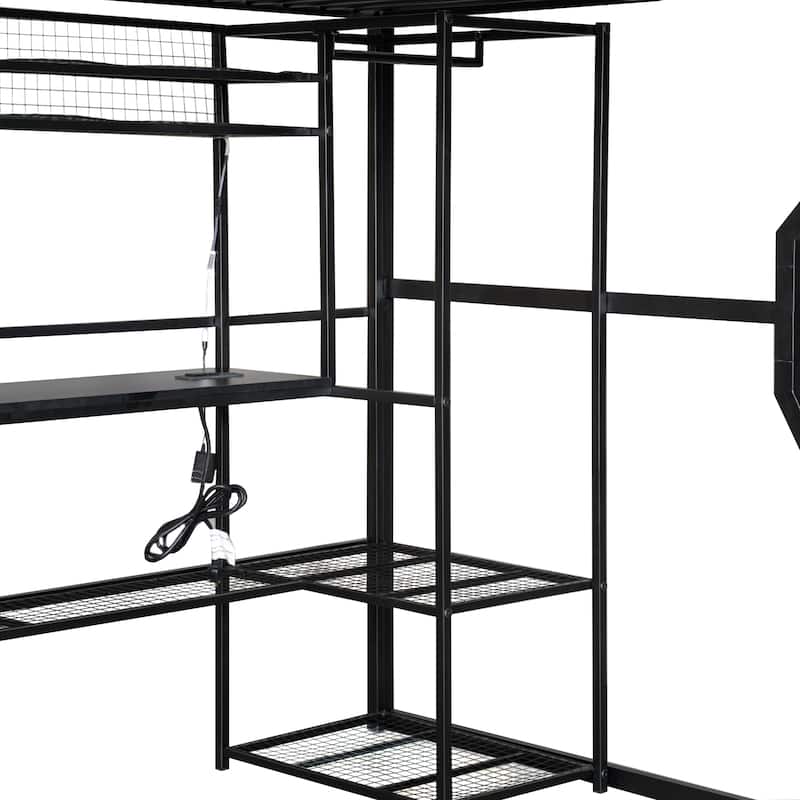 Full Metal Gaming Loft Bed - Built-in Desk, Wardrobe & LED Lights, Multi-Storage