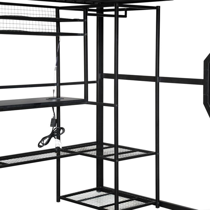Full Size Black Metal Gaming Loft Bed w/ Open Wardrobe & Built-in Work Station, LED Storage Loft Bed Frame for Kids,Teens,Adults