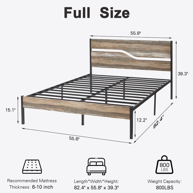 Industrial Metal Bed Frame with Wood Headboard Twin/Full/Queen Bed Slate Platform Metal Bedframe No Box Spring Needed