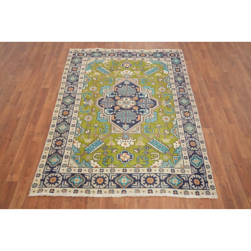 Hand Knotted Oriental 100% Wool Carpet Traditional Medallion Green Tabriz Area Rug - 5' 10'' X 4' 4''