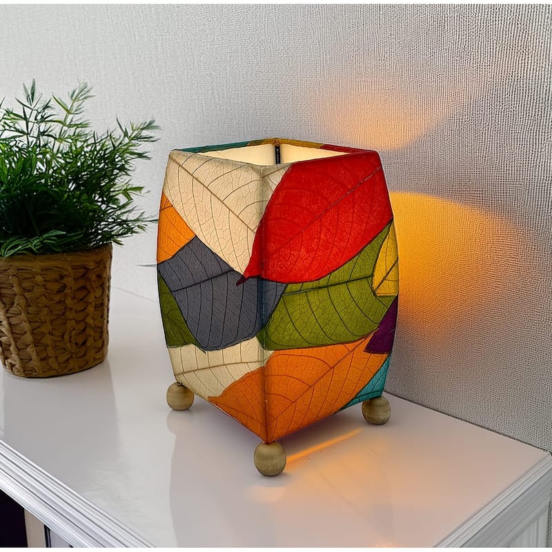 Handmade Mini Square Cocoa Leaf Table Lamp, Cocoa Leaves Shade, 6 x 6 x 9 in.