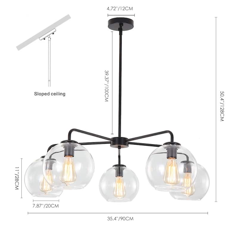 5-Light Modern Linear Sputnik Branch Kitchen Island Light Clear Glass Globe Bubble Chandelier for Dining Room