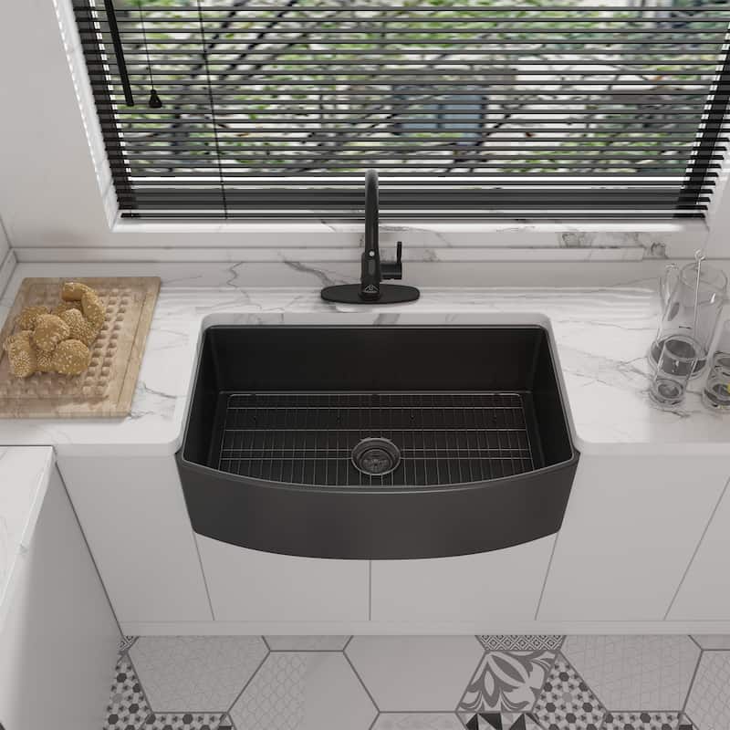 All-in-One Curved Design Single Bowl Farmhouse/Apron-Front Fireclay Kitchen Sink with Pull Down Kitchen Faucet and Accessories