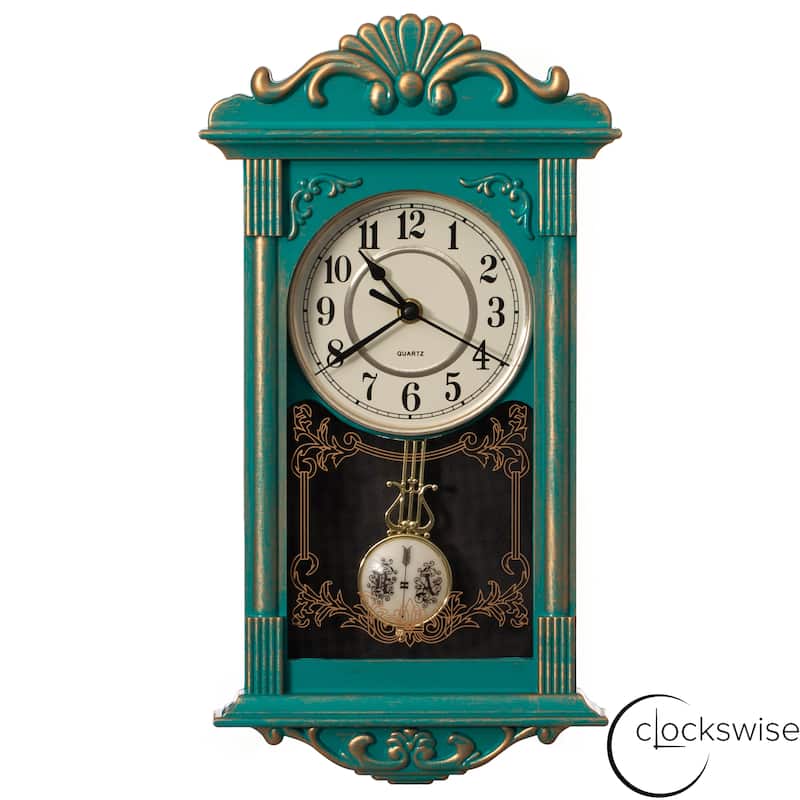 Clockswise Vintage Grandfather Wood-Looking Plastic Pendulum Decorative Battery-Operated Wall Clock Brown, for Home Decor - 16 Inch High  - Green