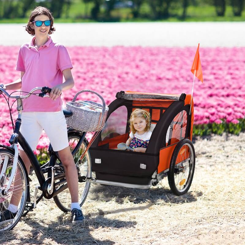Kids Bike Trailer for Two with Steel Frame, 5-Point Harness, Roll-Up Door, and Large Wheels for Smooth Ride