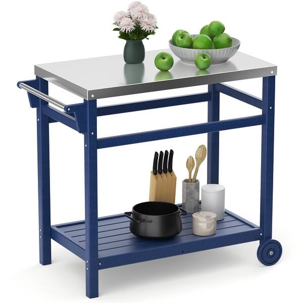 Outdoor Black Steel Movable Dining Cart Table for Patio Grilling Bed