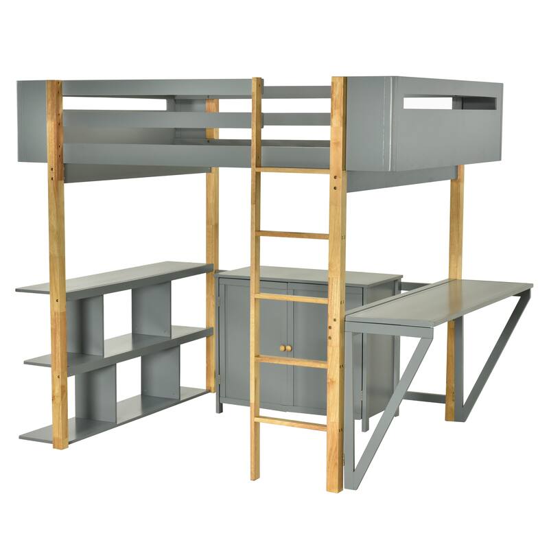 Space-Saving Twin Size Wooden Loft Platform Bed Frame with Storage Cabinet and Foldable Desk, Modern and Stylish for Bedroom