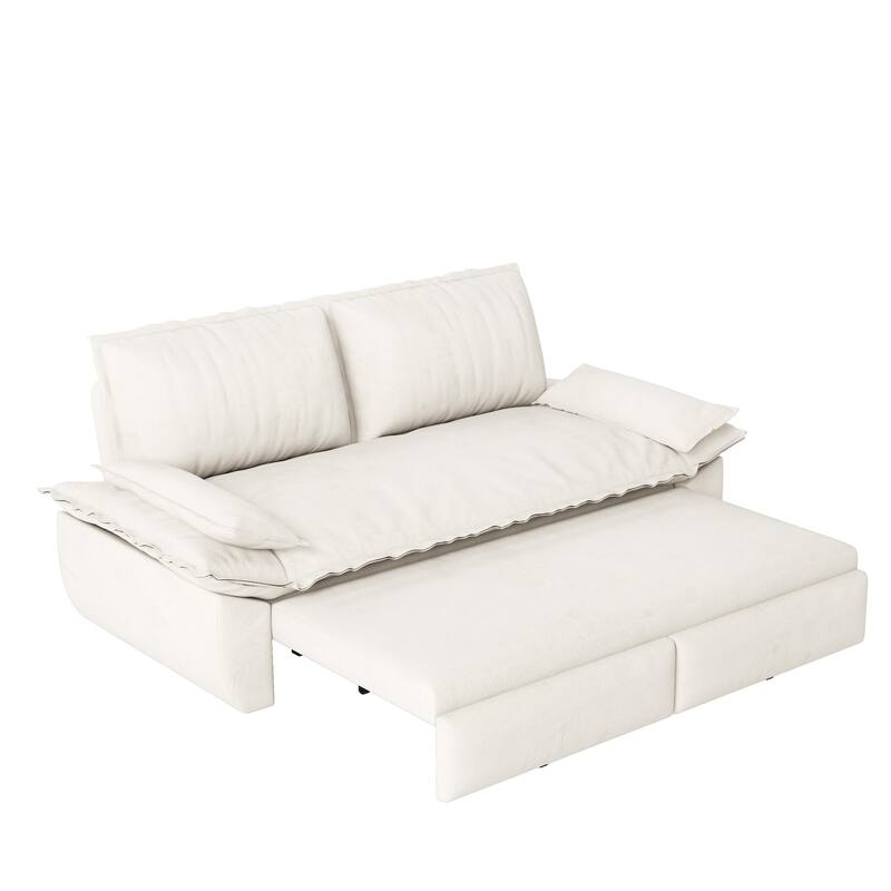 73.2" Queen Pull Out Sofa Bed, 3-in-1 Convertible Sleeper Sofa, Multi-Functional Velvet Loveseat Bed - White