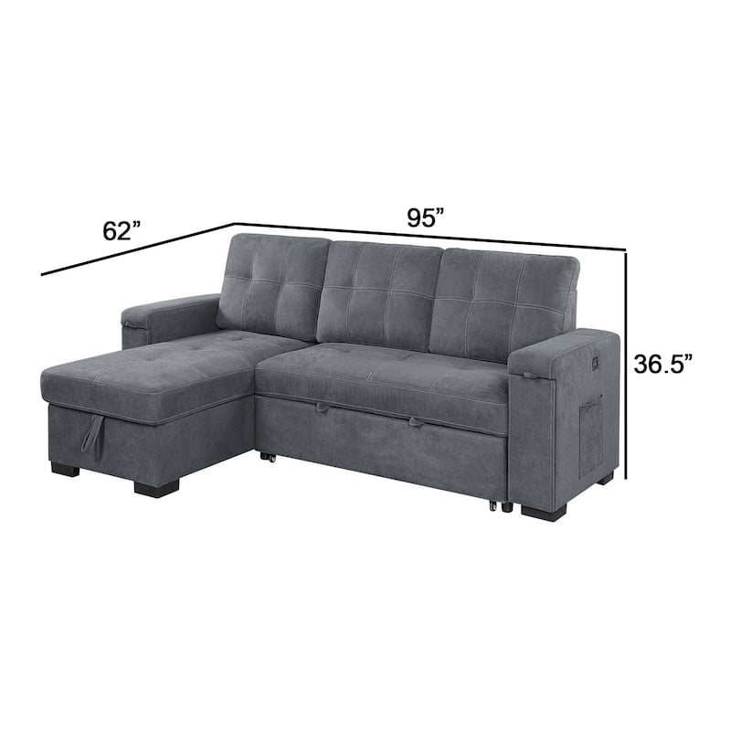 95 Inch Sleeper Sectional Sofa with Storage Chaise, USB Ports, Woven Gray