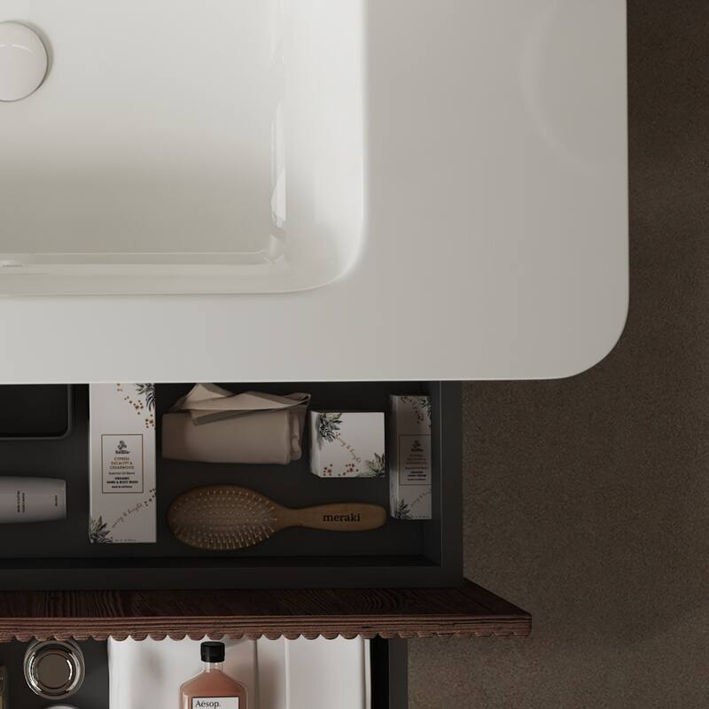 Wall-Mounted Bathroom Vanity Set in White + Deep Walnut with Integrated Ceramic Sink