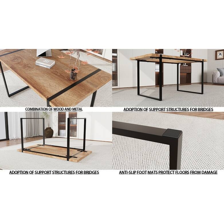7-Piece Dining Table Set with Wood Grain Tabletop, Chair with C-shaped Bases, Ergonomically Curved Backrest