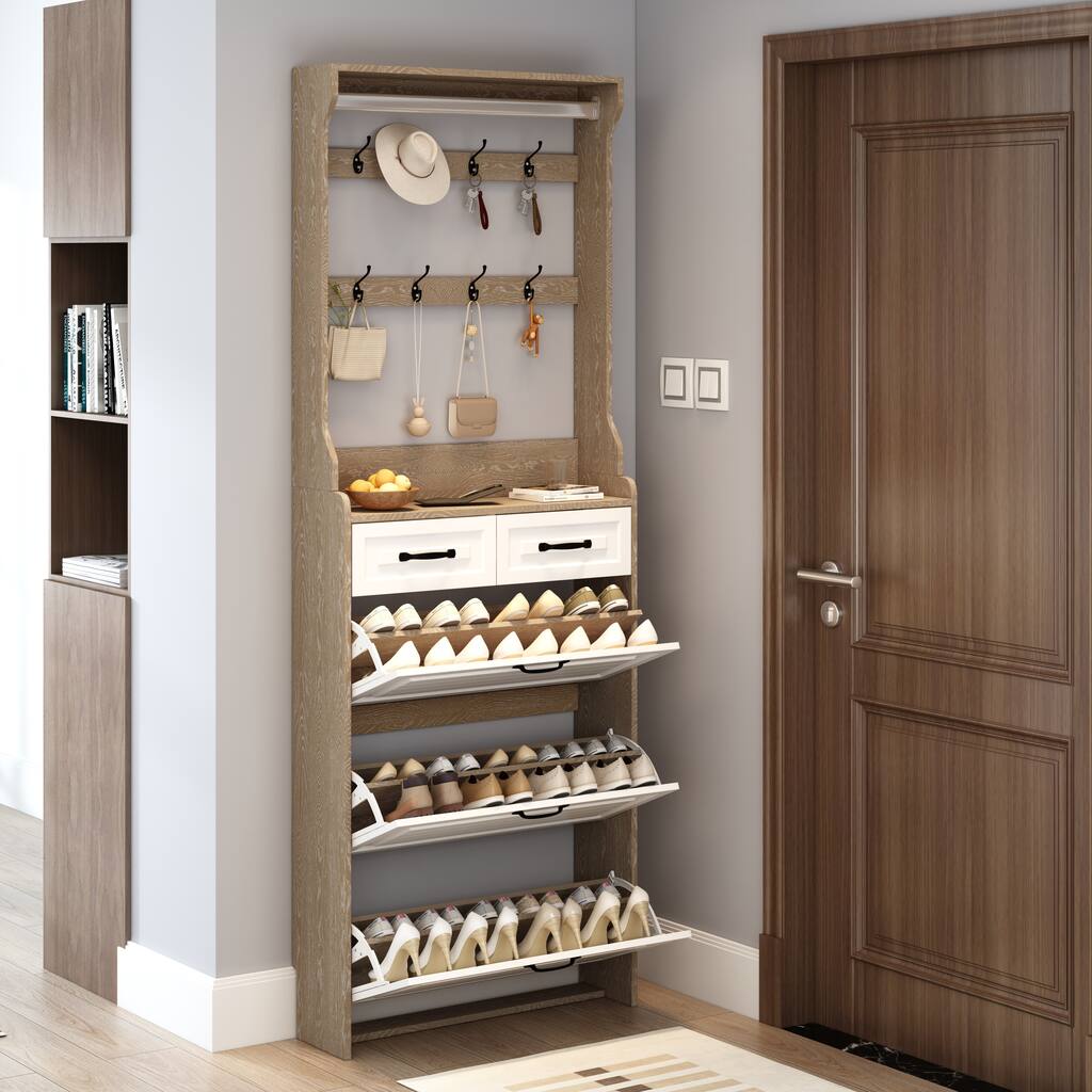 Shoe Cabinet with 3 Flip Drawers & 2 Drawers, Hidden Narrow Shoe Rack Cabinet, Entryway Wood Shoe Storage Organizer