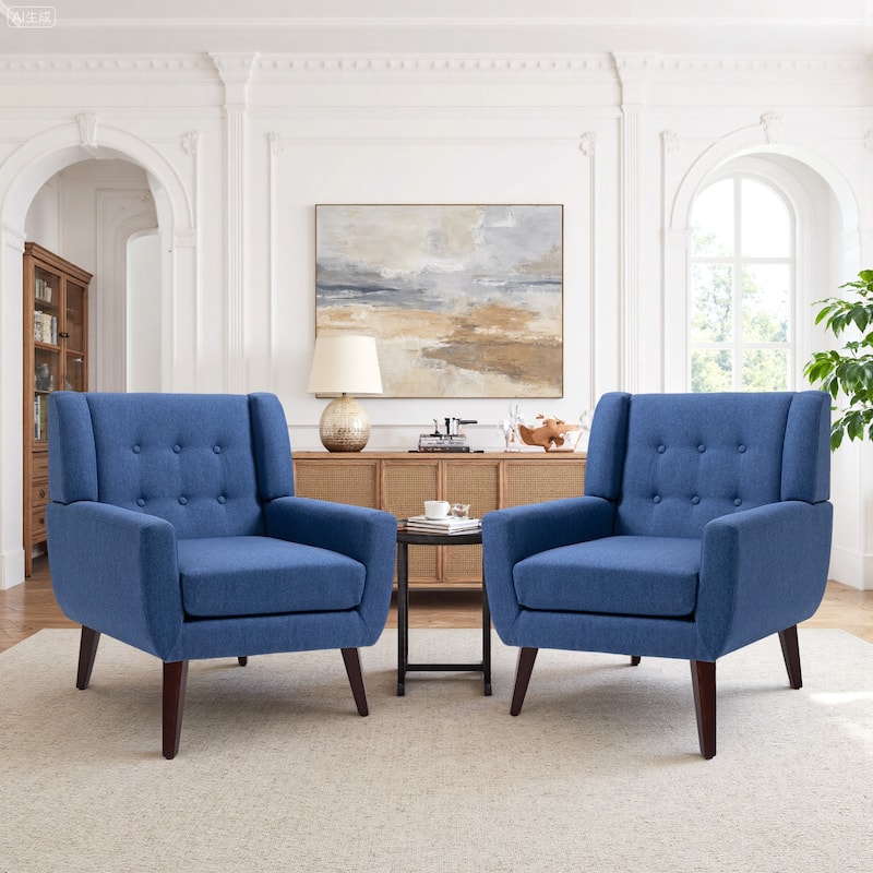 2 Set Modern Tufted Linen Upholstered Accent Chair Faux Leather Armchair