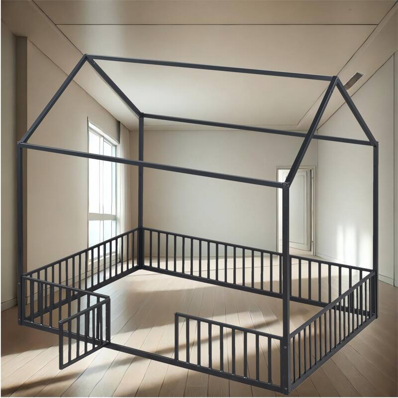 Creative House Design Twin/Full Size Metal Bed with Guardrails and Playful Fence - Ideal for Kids' Bedroom - Black - Full