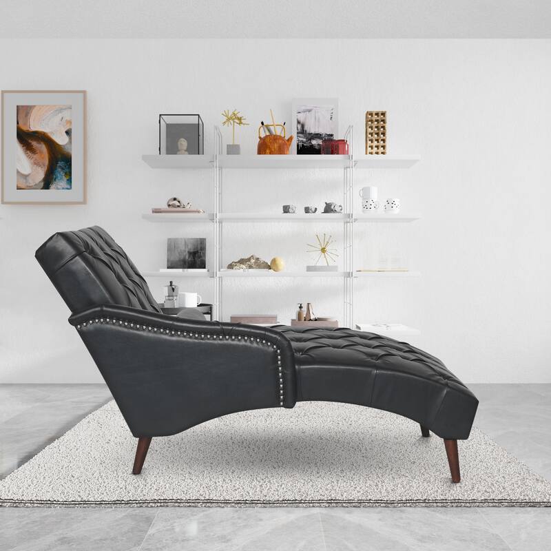 Faux Leather Chaise Lounge Chair with Pillow and Solid Wood Legs, Tufted Upholstered Accent Lounge Chair with Arm