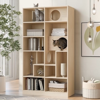 Modern 2 IN 1 Wood Bookshelf Cat House, Cat Tree Display Case with ...