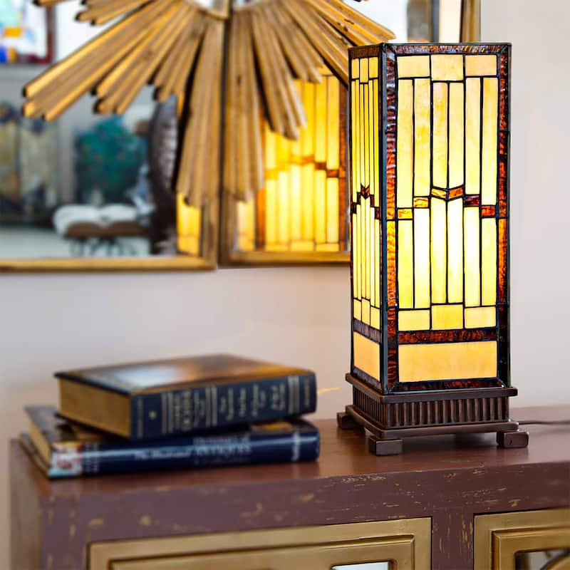 The Curated Nomad Wexler Stained-glass Rustic 17-inch Hurricane Lamp - 6.75"L x 6.75"W x 17.25"H