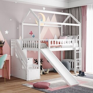 Twin House Roof Loft Bed with Two Drawers and Slide - Bed Bath & Beyond ...