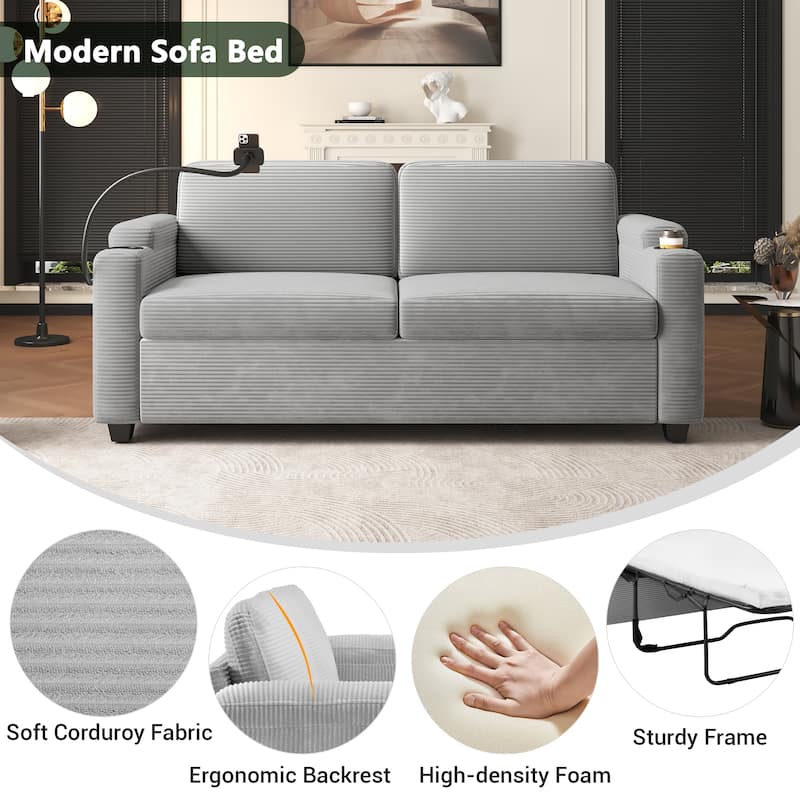 72.8" Corduroy Sleeper Sofa with Full Size Mattress and USB Ports, Loveseat Sofa with Cup Holders and Side Pockets