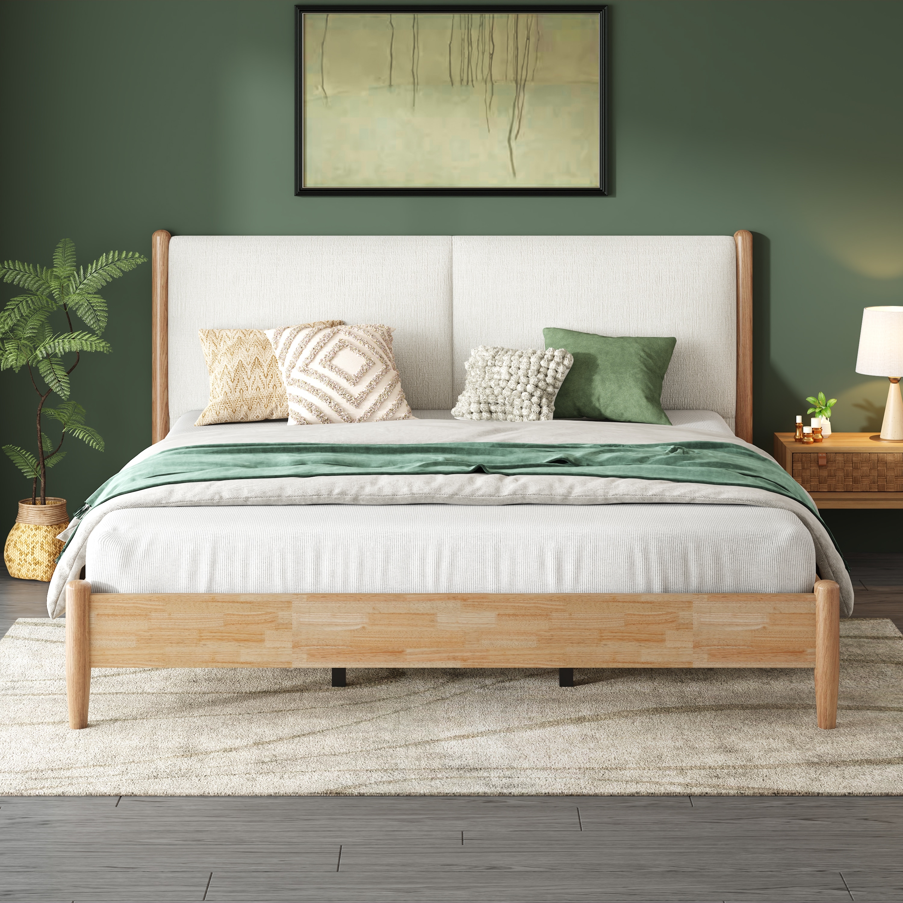 Christopher Knight Home - Elara Bed with Rubberwood Frame, Boucle Upholstered Headboard
