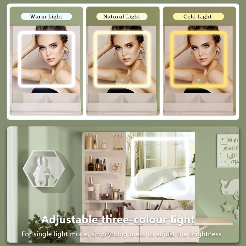 Small Vanity Desk with Glass Top, LED Mirror, USB Charging Ports, Storage Stool, Drawers and Cabinet