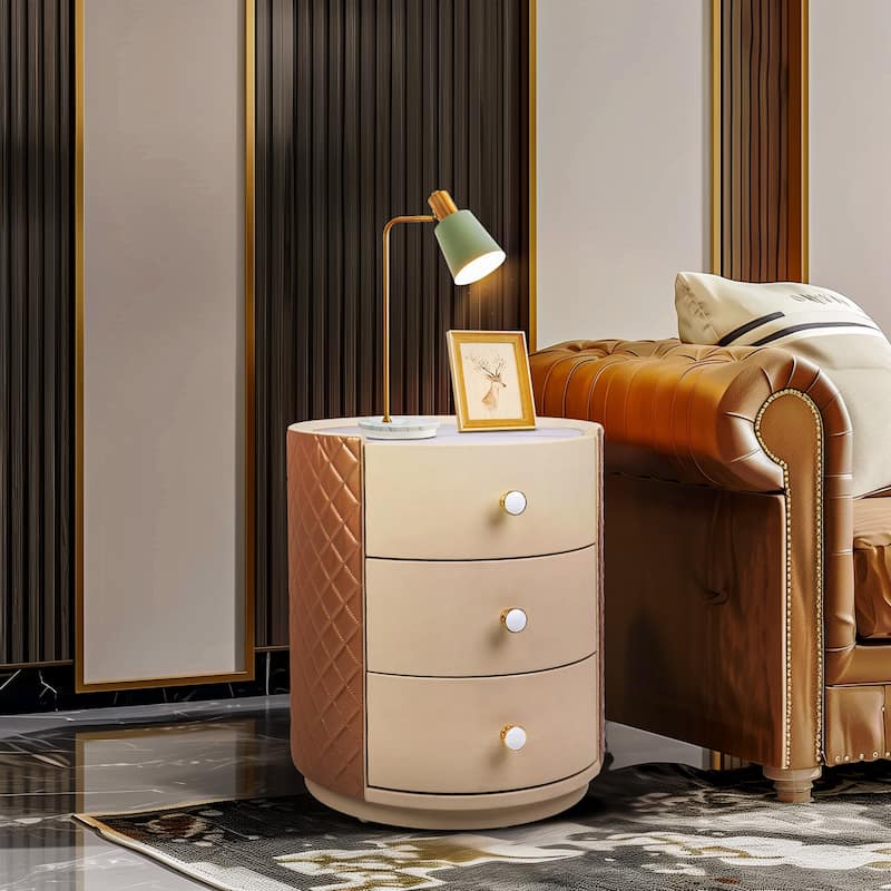 Round Bedroom Nightstand Bedside Table with 3 Drawers No Assembly Storage Unit
