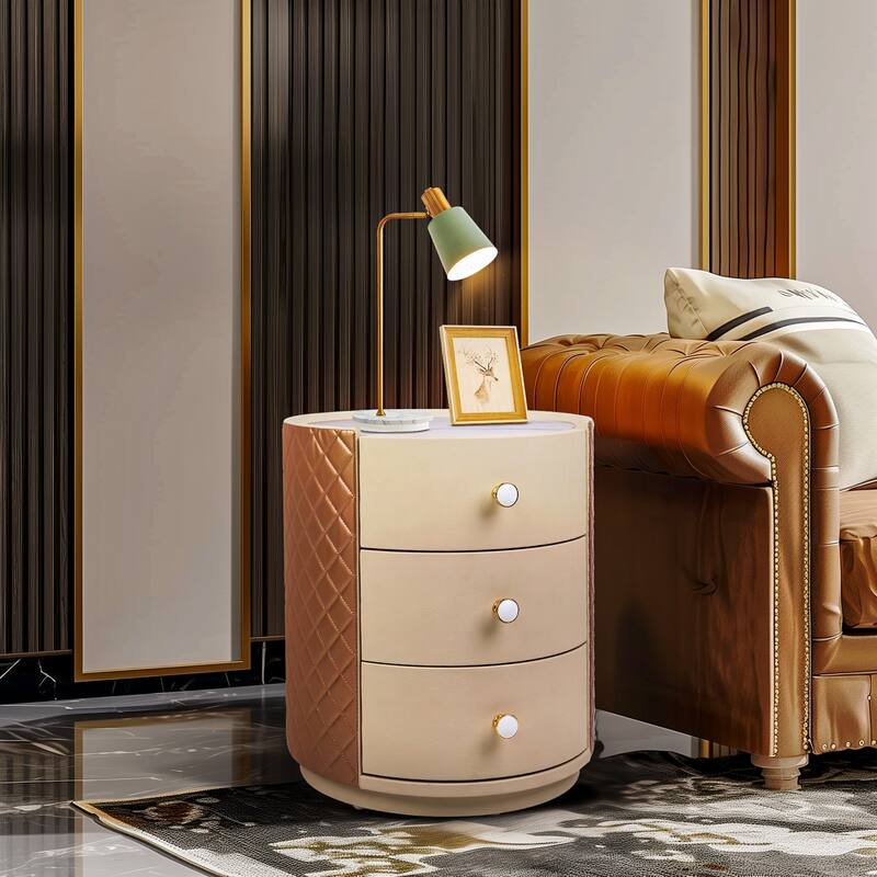 Round Bedroom Nightstand Table with 3 Drawers Sintered Stone-top - White Light Brown