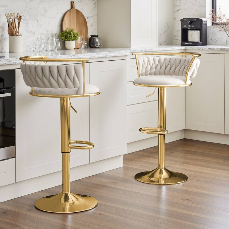 Set of 2 Velvet Adjustable Swivel Bar Stools - Gold/Ivory