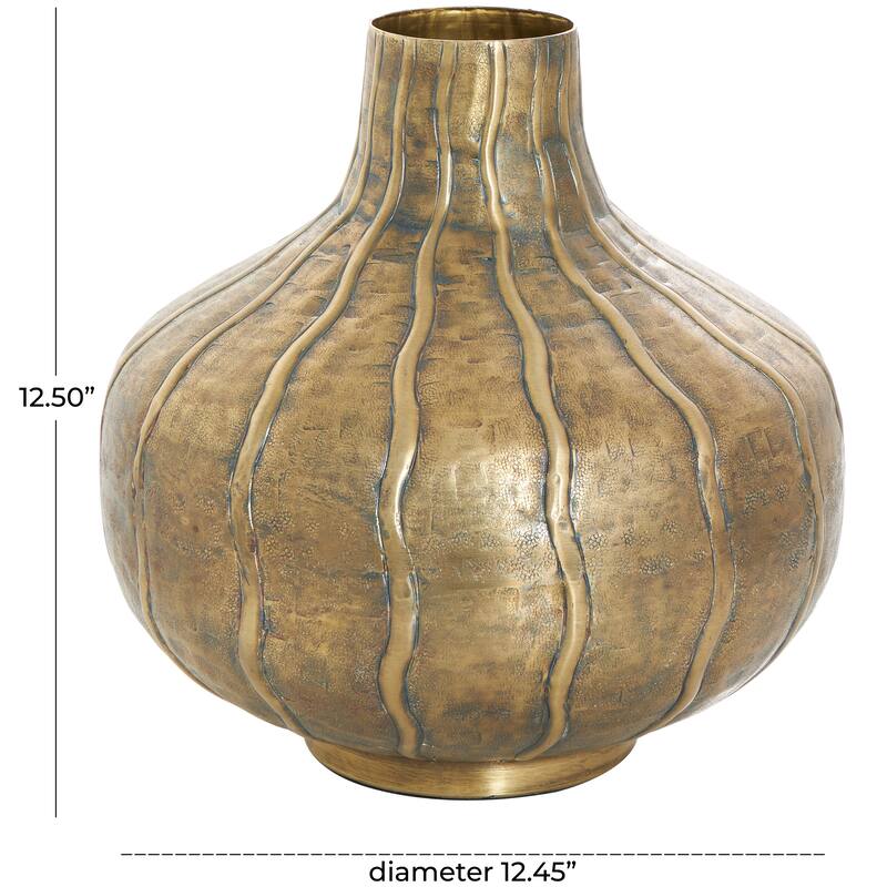 Brass Metal Wide Snakeskin Inspired Decorative Vase with Dimensional Wavy Accents