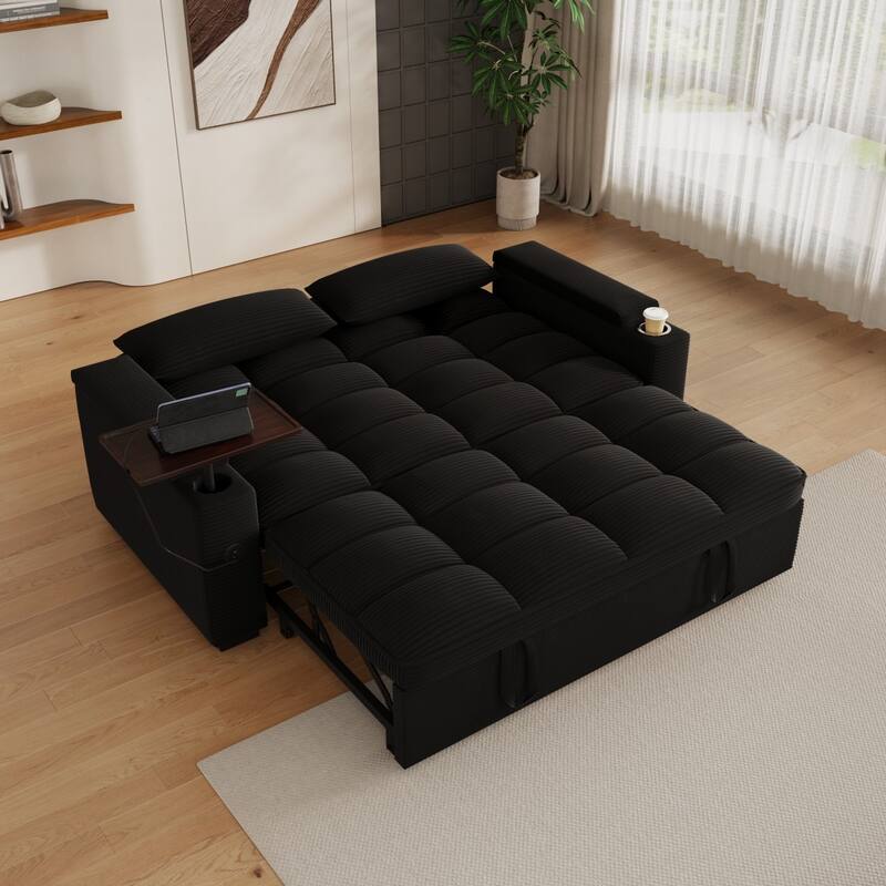 65'' Chenille 3-in-1 Folding Sectional Sofa with 360-Degree Swivel Side Table