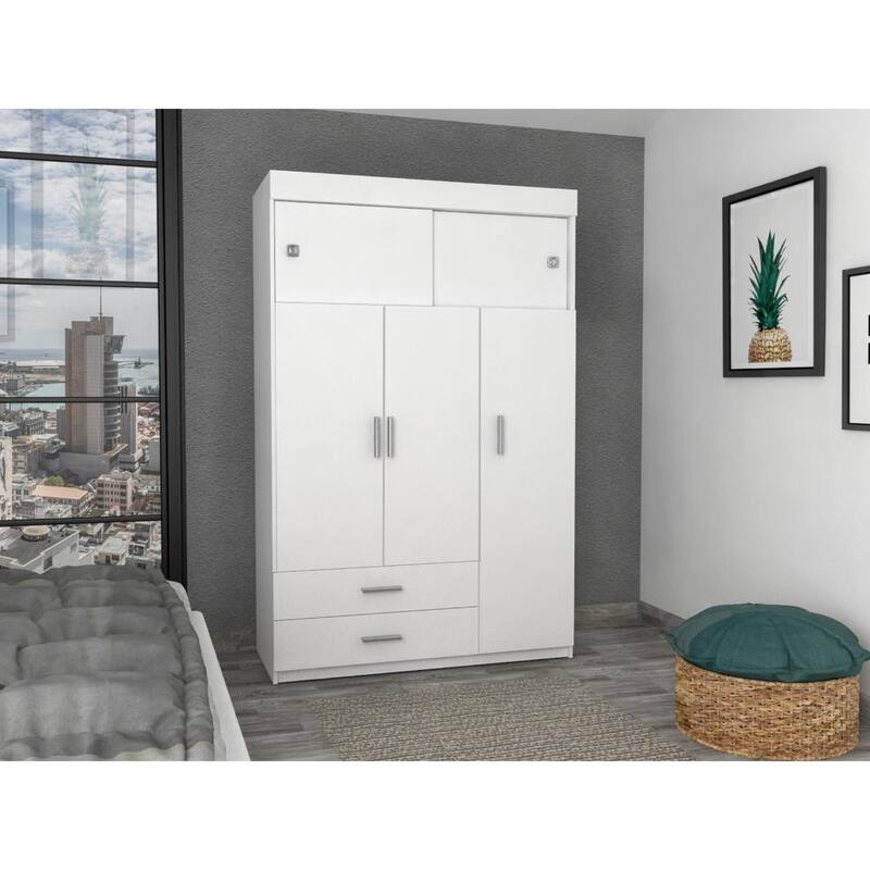 47.2" Modern Three-door Armoire with Hanging Rods, Two Drawers and Two Superior Adjustable Shelves