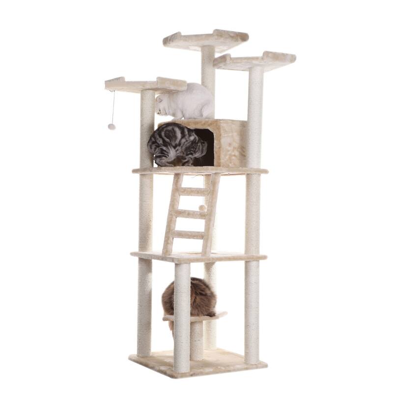 Multi-function Real Wood Cat Tower W Spacious Condo, Perches, Beige