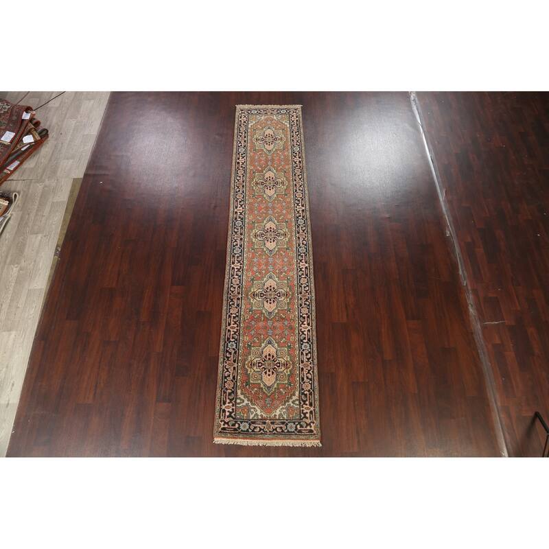 Hand Knotted Oriental 100% Wool Carpet Traditional Geometric Oranges & Rust Indo Heriz Serapi Runner Rug - 11' 11'' X 2' 7''