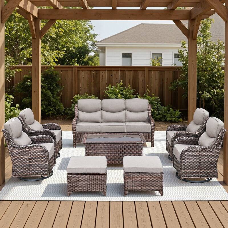 Arcadia 8-Piece Wicker Patio Conversation Set with Swivel Gliders and 6-Inch Thick Olefin Cushions - Beige Cushions - Brown Wicker