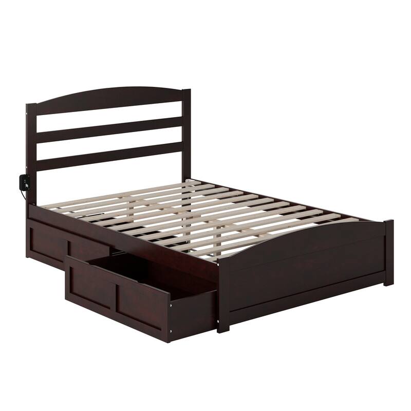 Solid Wood Platform Bed with Footboard & Drawers - Full Size Espresso - Underbed Storage & Charging Station