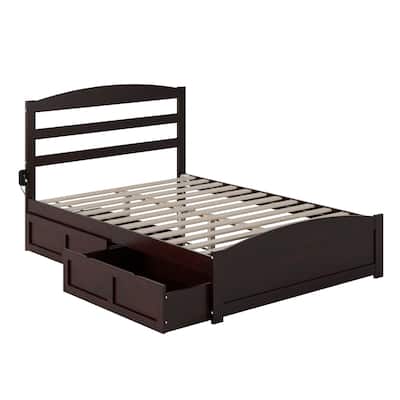 Solid Wood Platform Bed with Footboard & Drawers - Full Size Espresso - Underbed Storage & Charging Station