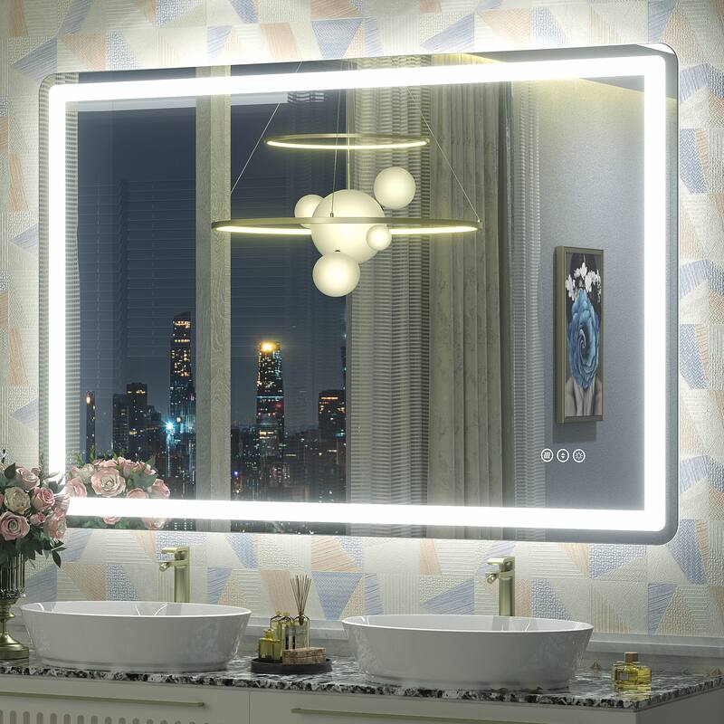 UL Certified Frameless LED Front Light and Backlit 3 Colors Dimmable Anti-Fog Wall Bathroom Vanity Mirror - 48" x 40"-Rounded Corner