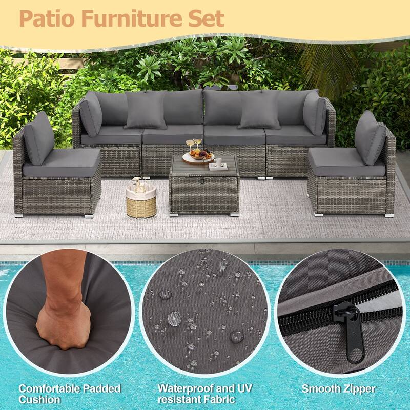 EROMMY 6/7 Piece Modular Outdoor Rattan Sofa Set, All-Weather Wicker Patio Furniture with Storage Table, Cushions & Pillows