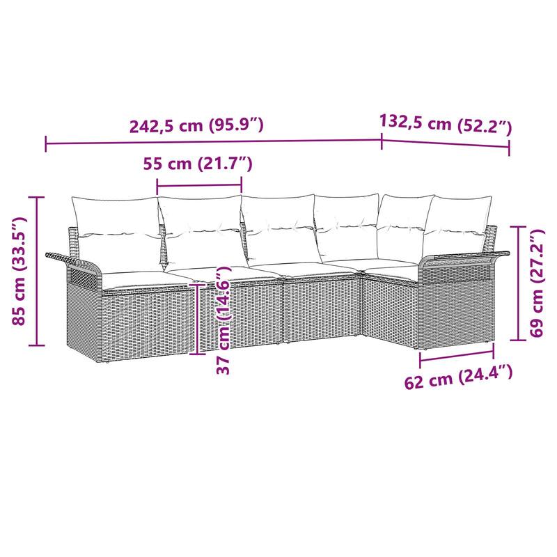 vidaXL 5/6 Garden Sofa Set with Cushions Black/Brown/Grey Poly Rattan - 95.9 x 52.2 x 27.2