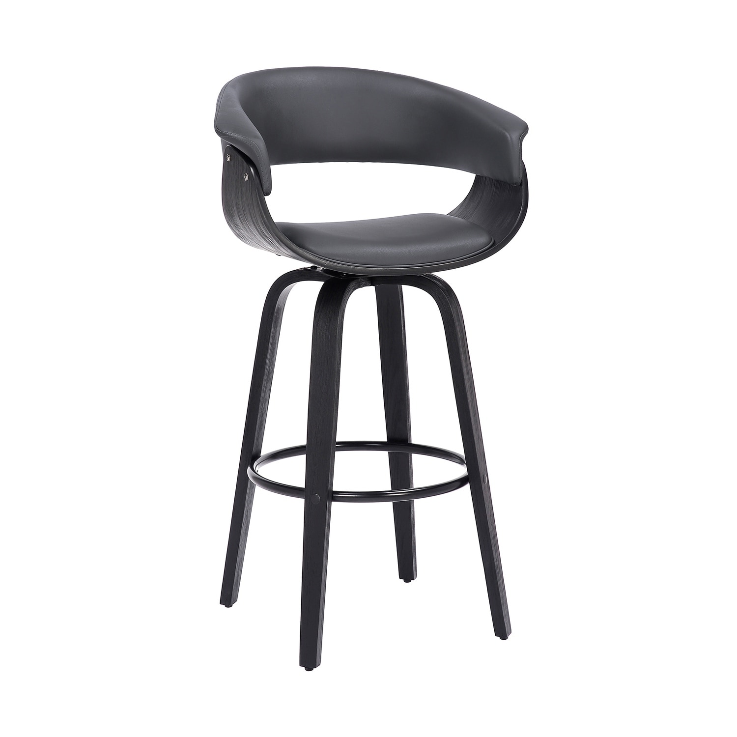 Adjustable Swivel Bar Stool with Grey Faux Leather Seat, Wooden Frame, Modern Kitchen Counter Height Barstool