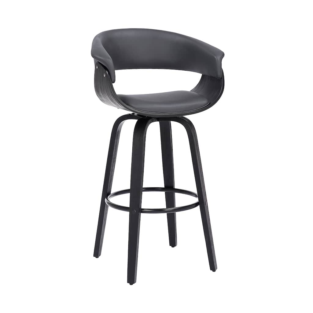 Adjustable Swivel Bar Stool with Grey Faux Leather Seat, Wooden Frame, Modern Kitchen Counter Height Barstool
