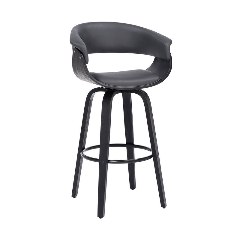 Adjustable Swivel Bar Stool with Grey Faux Leather Seat, Wooden Frame, Modern Kitchen Counter Height Barstool