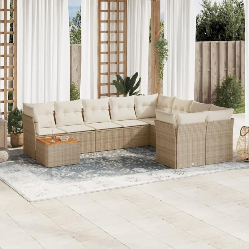 vidaXL Patio Sofa Set with Cushions Outdoor Furniture 10 Piece Poly Rattan - 21.7 x 21.7 x 14.6 - Beige-4x corner+Table+5x middle