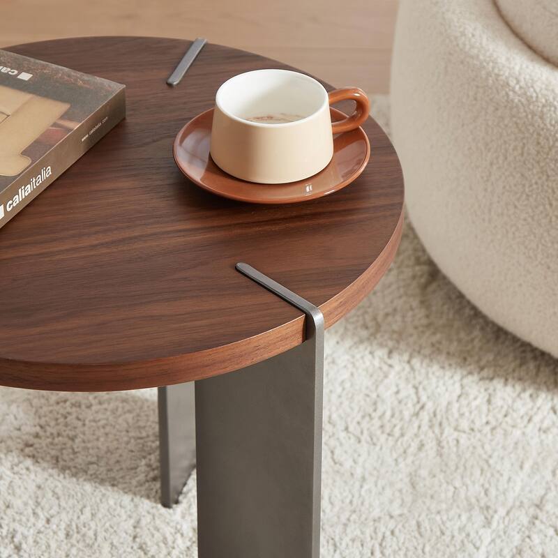 Round Coffee Table with Walnut Wood Surface and Black Metal Feet