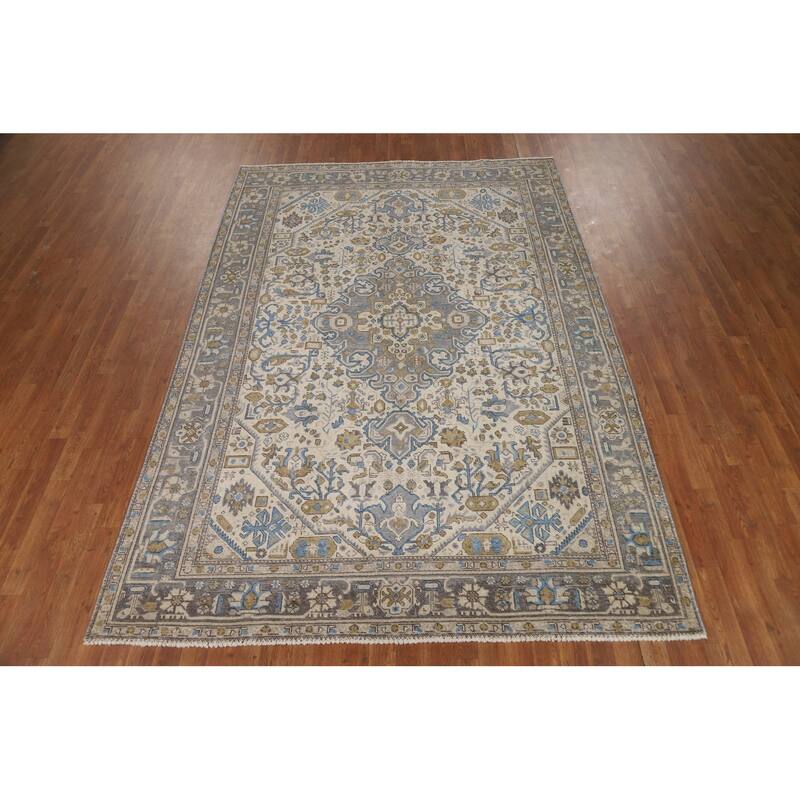 Hand Knotted Oriental 100% Wool Carpet Traditional Floral Beige & Ivories Tabriz Area Rug - 9' 7'' X 6' 6''