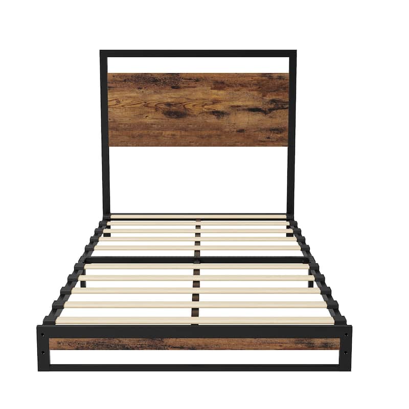 Metal Platform Bed Frame with Wooden Headboard and Footboard - Twin