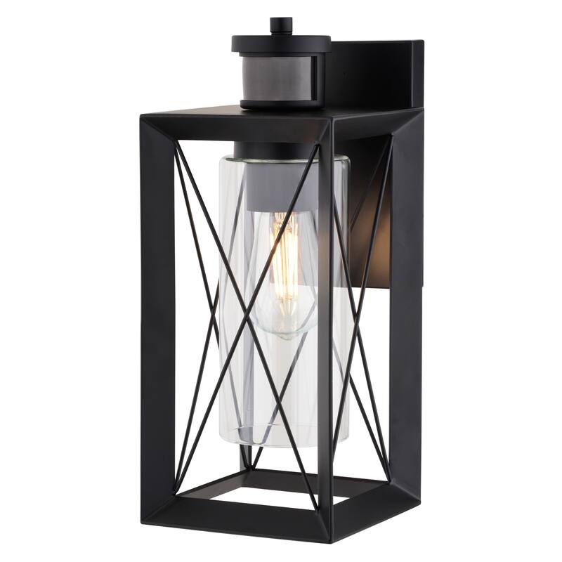 Milton Matte Black Motion Sensor Dusk to Dawn Outdoor Wall Light Transitional Clear Glass - 6-in W x 14-in H x 7-in D
