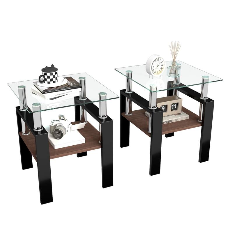 Set of 2 Modern Tempered Glass Tea Table,Tempered Glass Tabletop with MDF Layer,Coffee Table