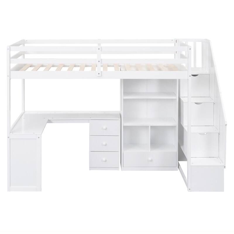 Multifunctional Wood Twin Size Loft Bed with L-Shaped Desk and Storage Staircase, Loft Bed Frame with Cabinet and Drawers