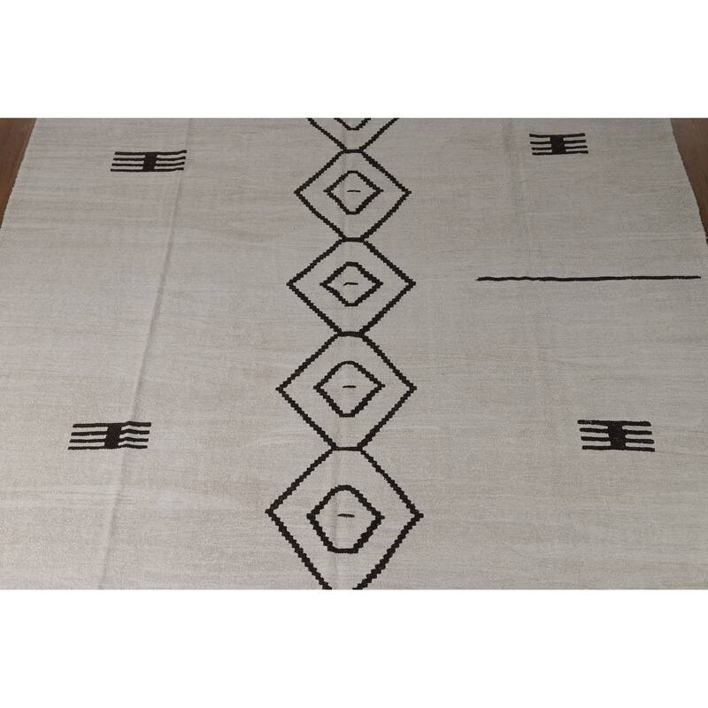 Hand Woven Oriental Cotton Carpet Southwestern Tribal Beige & Ivories Kilim Area Rug - 13' 3'' X 9' 11''